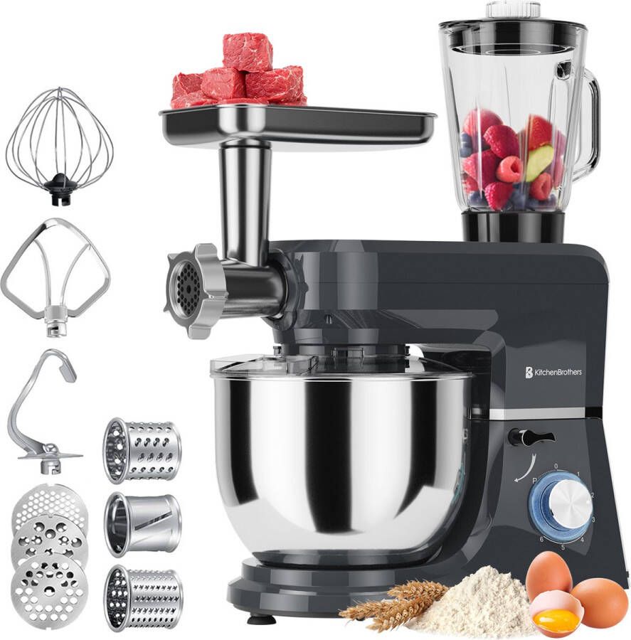 KitchenBrothers Keukenmachine Complete Set 15 Accessoires Keukenrobot 6L Keukenmixer 1500W Antraciet