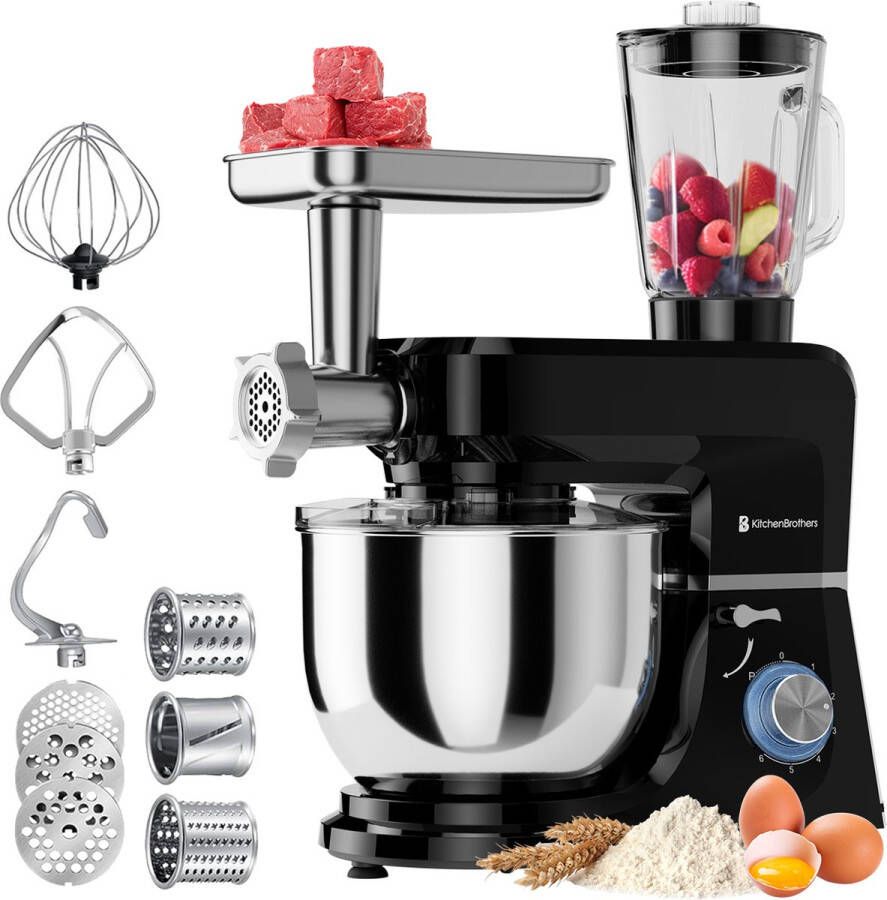 KitchenBrothers Keukenmachine Complete Set 15 Accessoires Keukenrobot 6L Keukenmixer 1500W Zwart