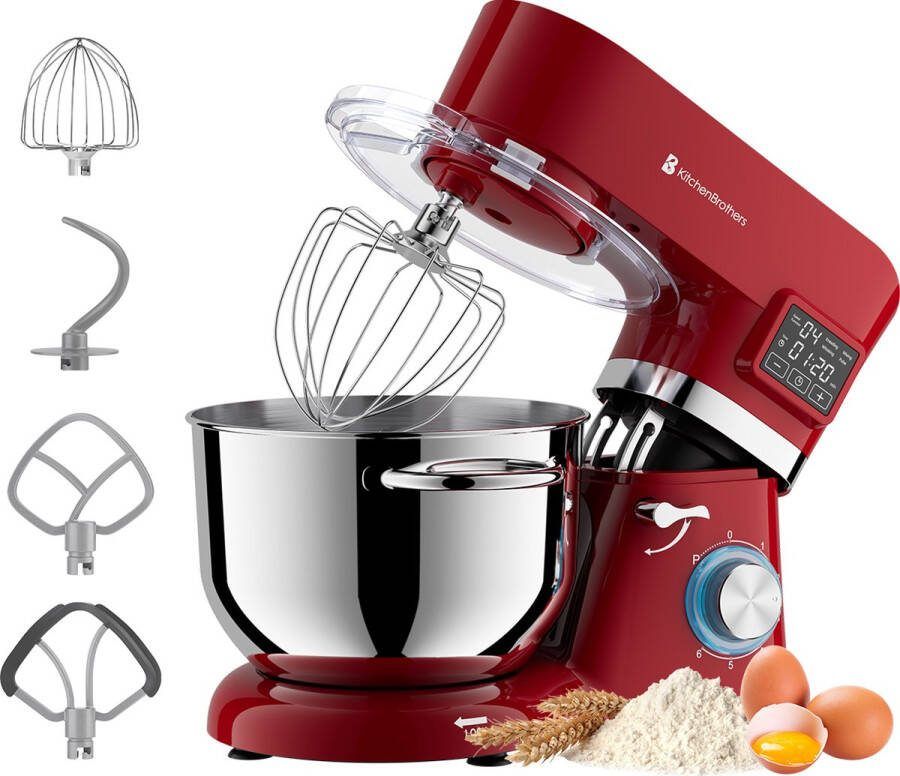 KitchenBrothers Keukenmachine Display en Timer Keukenrobot 6L Keukenmixer 1400W Rood