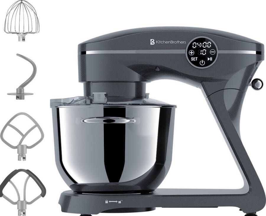 KitchenBrothers Keukenmachine Touch Display en Timer Keukenrobot 6L 1800W Keukenmixer Aluminium Antraciet