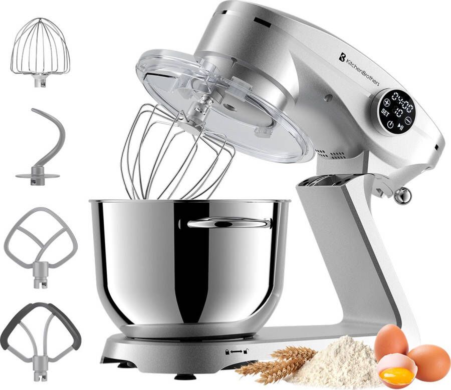 KitchenBrothers Keukenmachine Touch Display en Timer Keukenrobot 6L 1800W Keukenmixer Aluminium Zilver
