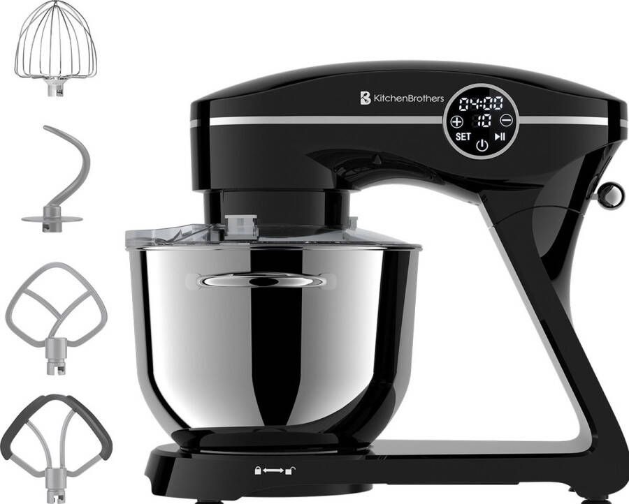 KitchenBrothers Keukenmachine Touch Display en Timer Keukenrobot 6L 1800W Keukenmixer Aluminium Zwart