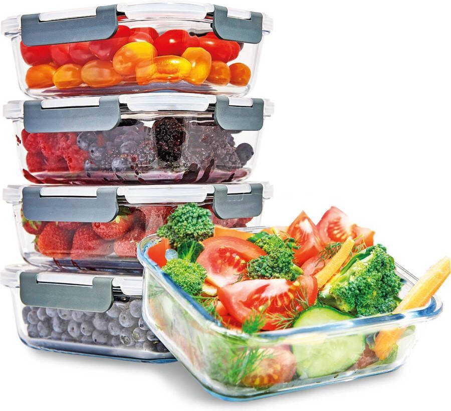 KitchenBrothers Meal Prep Bakjes Vershoudbakjes Set Luchtdicht BPA Vrij 1L Glas 5 Stuks
