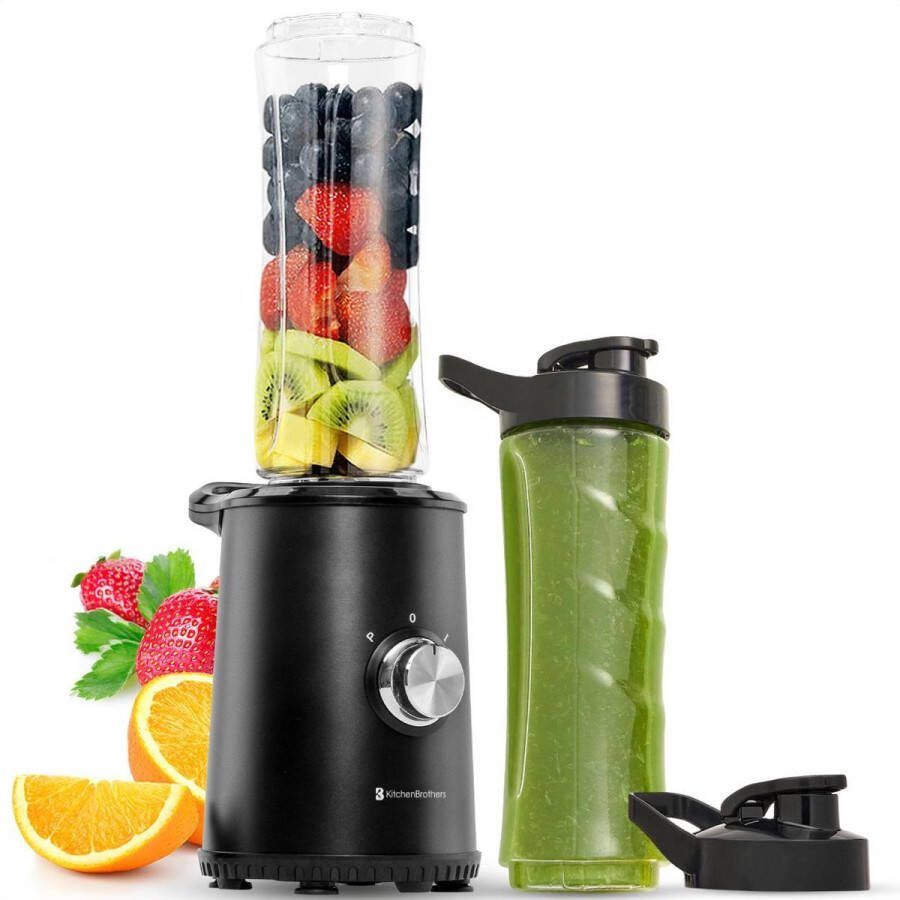 KitchenBrothers Mini Blender to Go Smoothie Maker 2 To-Go Bekers 600 ml Zwart