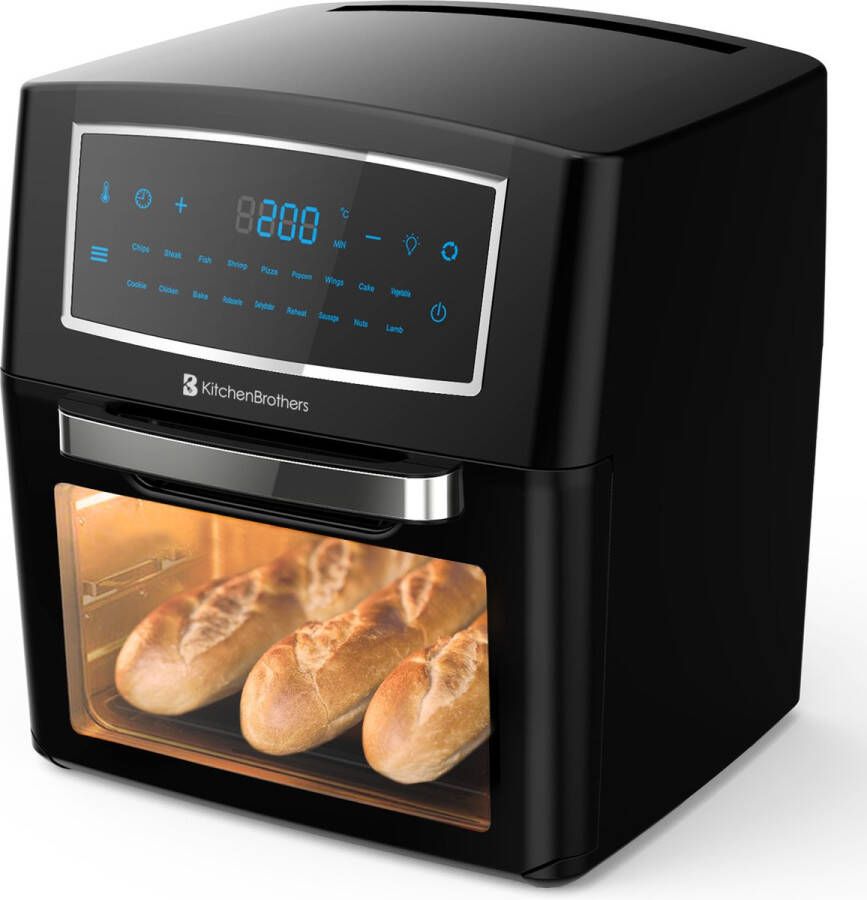 KitchenBrothers Oven Deluxe 18-in-1 Hetelucht Friteuse Oven Grill Droger 10x Accessoires o.a. Rotisserie Spies en Frietmand 1500W 12L Met Kookboek Zwart