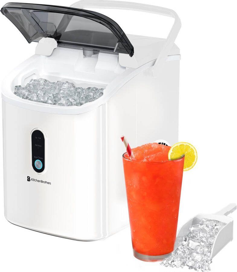 KitchenBrothers Nugget IJsblokjesmachine 1.1L Crushed Ice Maker met IJsschep – Draagbaar 15kg 24 uur Wit