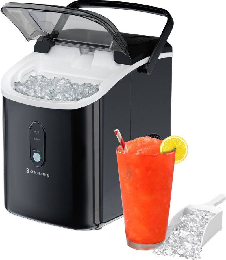 KitchenBrothers Nugget IJsblokjesmachine 1.1L Crushed Ice Maker met IJsschep – Draagbaar – 15kg 24 uur Zwart