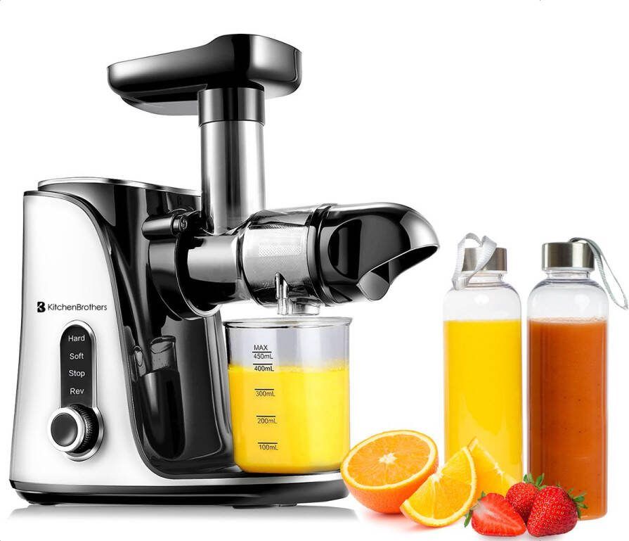 KitchenBrothers Slowjuicer Juicer 4 Standen 450ml Incl. Reisflessen en Receptenboek Wit