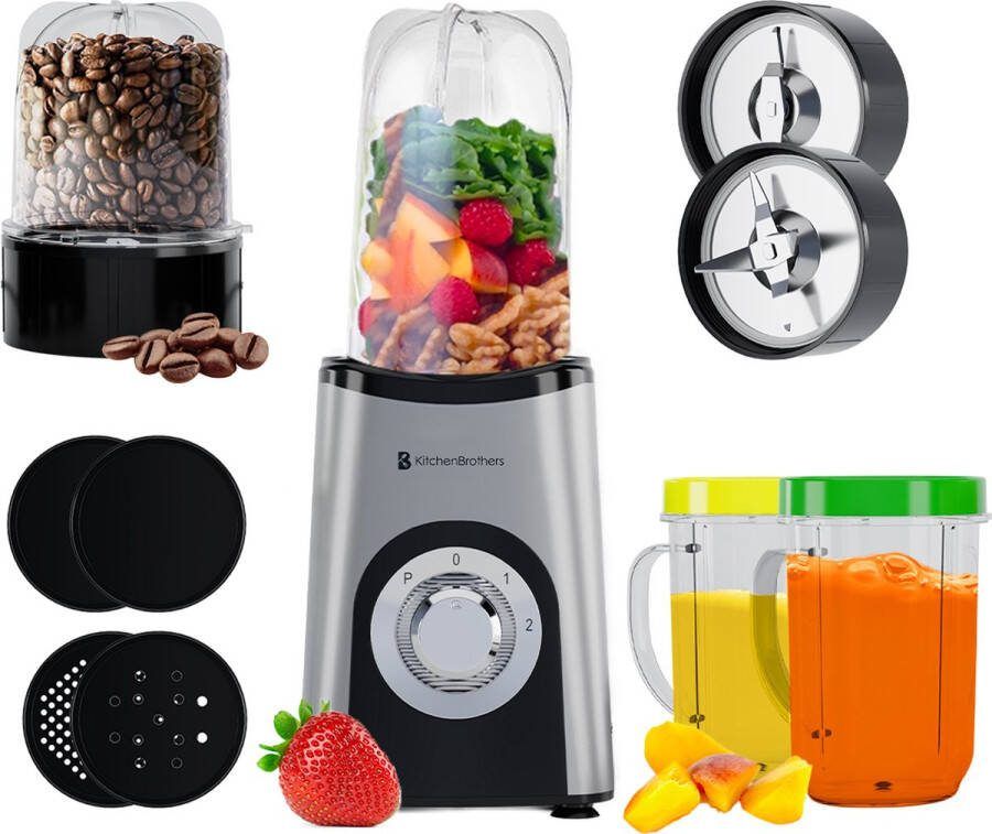 KitchenBrothers Smoothie Blender 2-in-1 Blender to Go 4 Bekers Smoothie Maker To Go Mini Blender Zilver