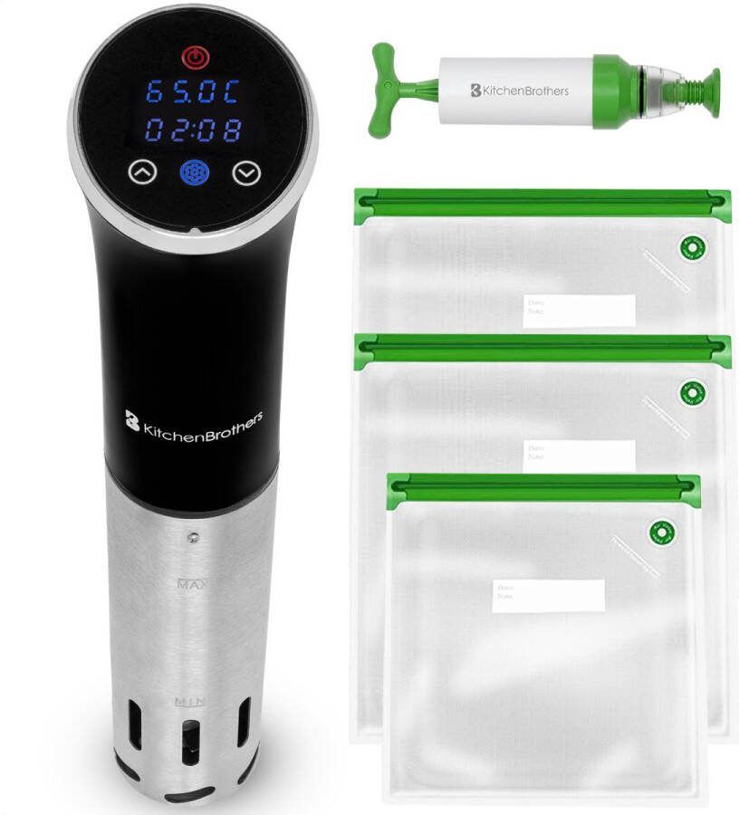 KitchenBrothers Sous Vide Stick Complete Set met Kookboek en Zakken tot 95°C 1200W Zwart RVS