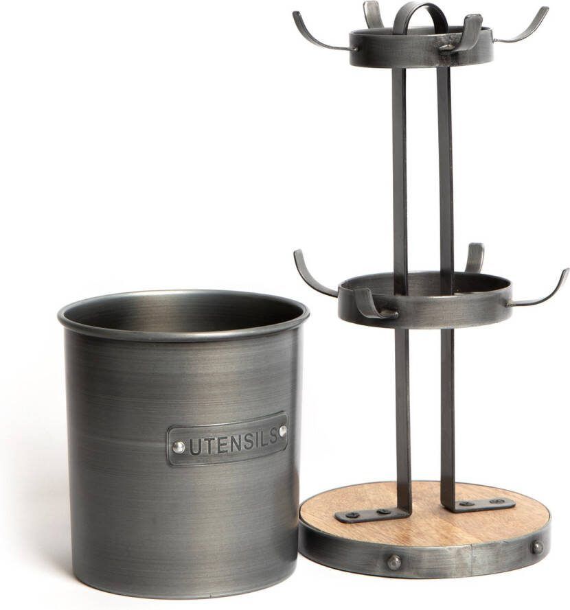 KitchenCraft 2-delige industriële keukenset met houten bekerhouder en metalen keukengereihouder in vintage stijl