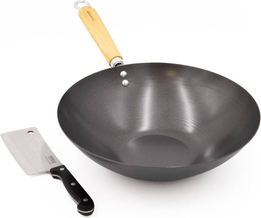 KitchenCraft 2-delige Oosterse Kookset met Koolstofstalen 30cm Non-Stick Wok en Roestvrijstalen Scheermes