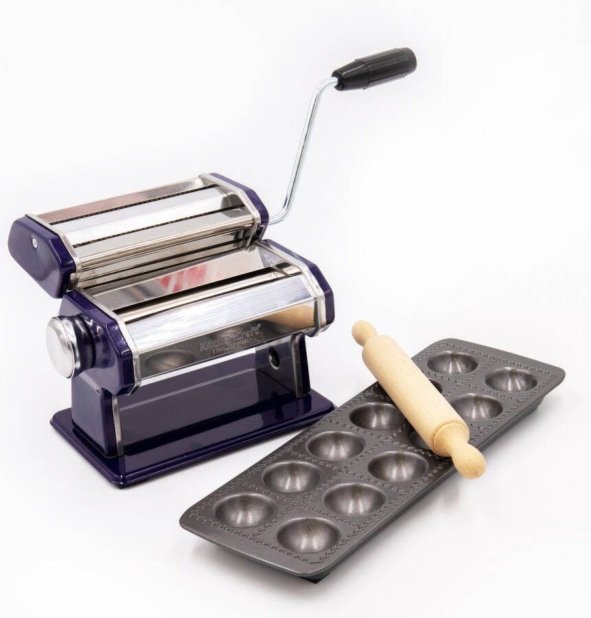 KitchenCraft 3-delige Pasta Maken Set met Blauwe Roestvrijstalen Pasta Maker Non-Stick Ravioli Vorm en Deegroller