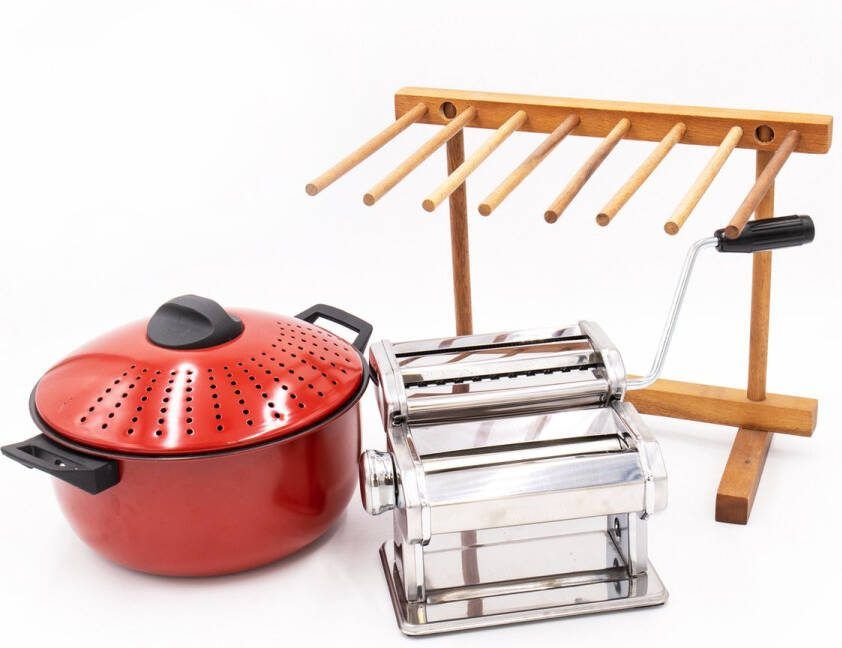 KitchenCraft 3-delige Pasta Maken Set met Deluxe Dubbele Snijder Pasta Machine Pasta Droogstandaard en Carbon Stalen Pasta Pot 4L