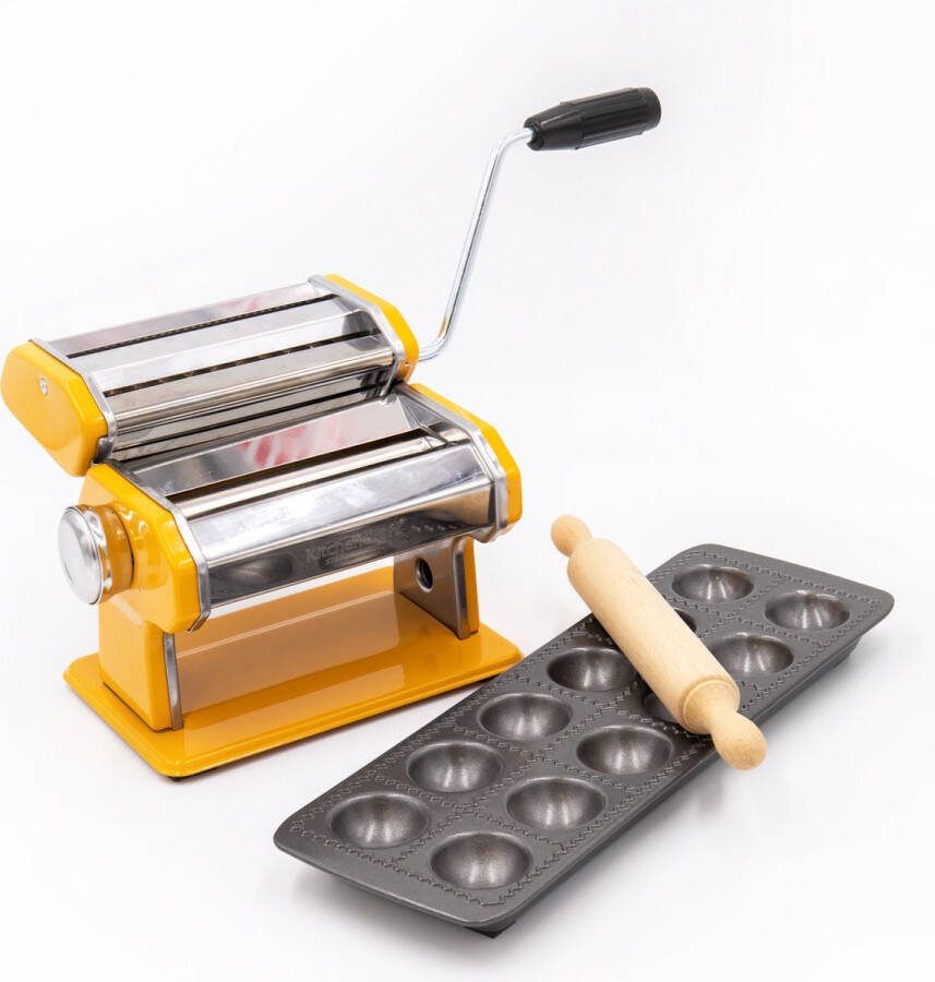 KitchenCraft 3-delige Pasta Maken Set met Gele Roestvrijstalen Pasta Maker Non-Stick Ravioli Vorm en Deegroller
