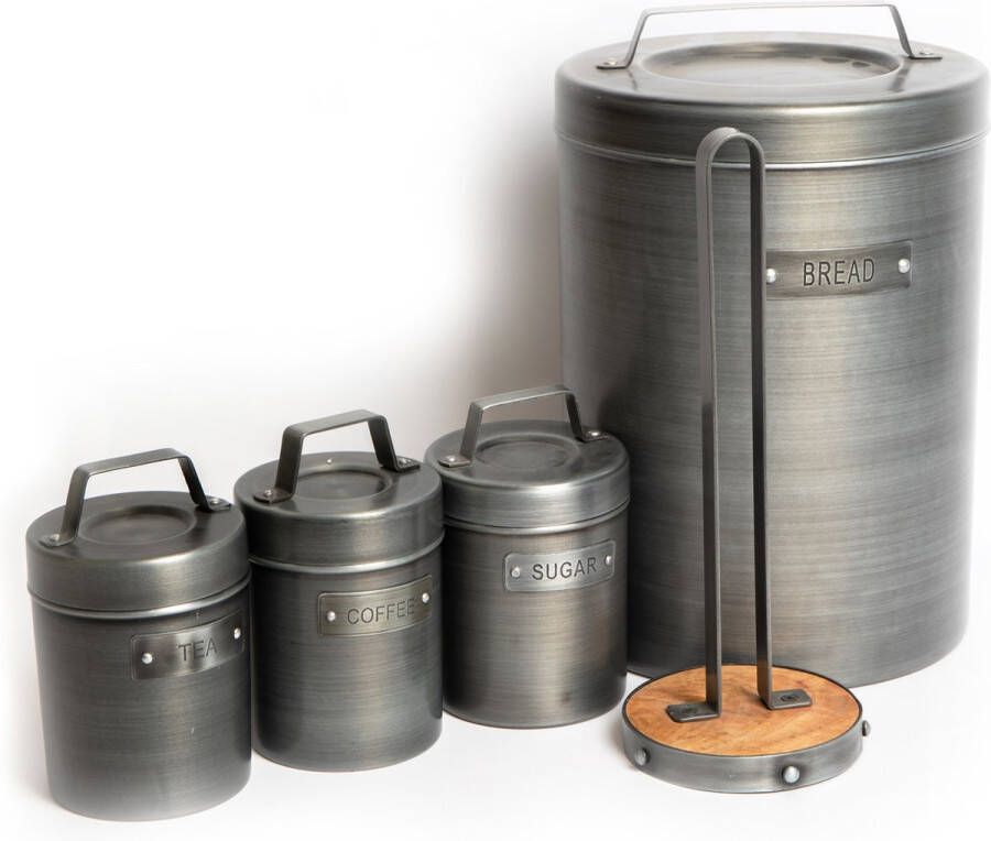 KitchenCraft 5-delige industriële keukenopbergset met koffie- suiker- en theebussen metalen broodtrommel en metalen keukenrolhouder