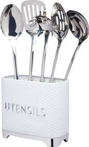 KitchenCraft KC Blue Retro Keukengerei Houder Honinggraat Patroon Krasvrije Verhoogde Bodem Zilverkleurige Letters Utensils