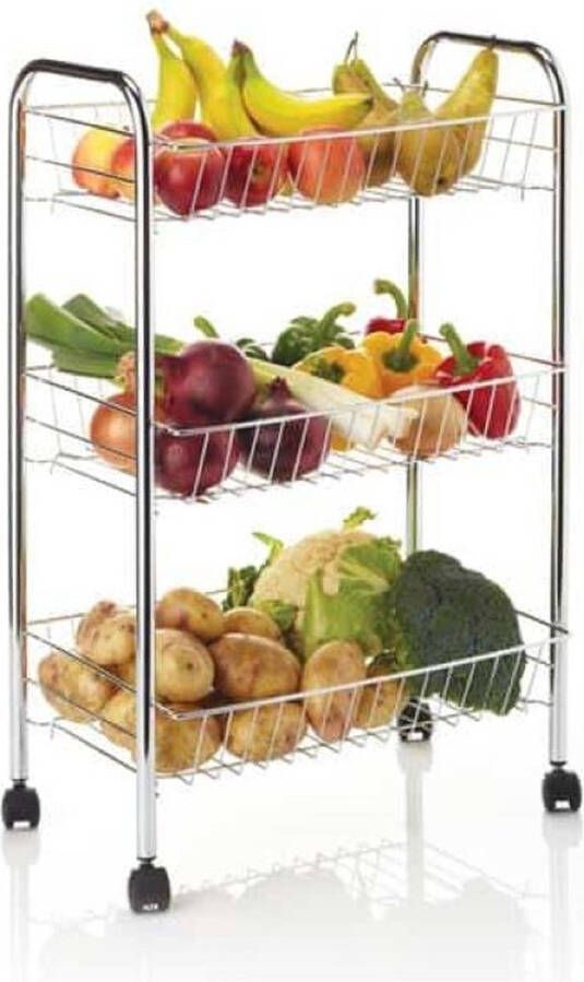 KitchenCraft Kitchen Trolley on Wheels with 3 Vegetable Storage Baskets Chrome Plated Metal