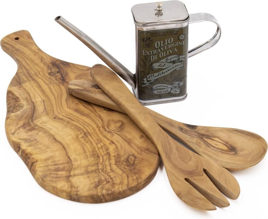 KitchenCraft 3-delige Italiaanse kookset met olijfhouten slabestek serveerplank en oliekan