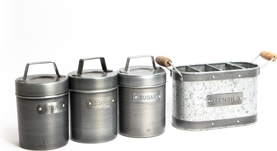 KitchenCraft 4-delige industriële keuken opbergset met verzinkt stalen keukengerei houder en thee koffie & suiker metalen voorraadbussen