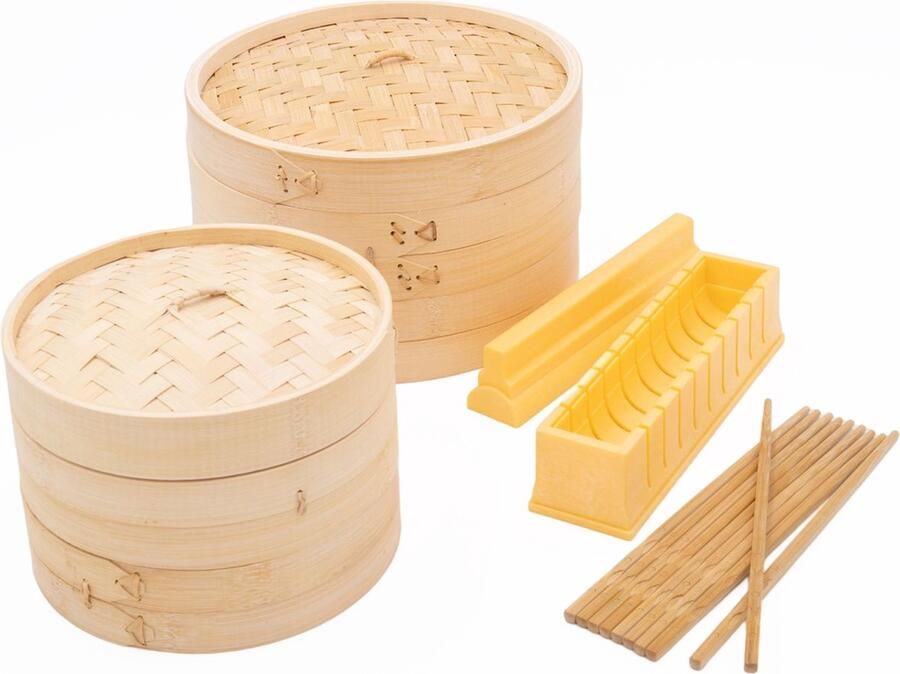 KitchenCraft 4-delige Oosterse Kookset met Medium Bamboe Stomer Grote Bamboe Stomer Sushi Maker en Bamboe Eetstokjes