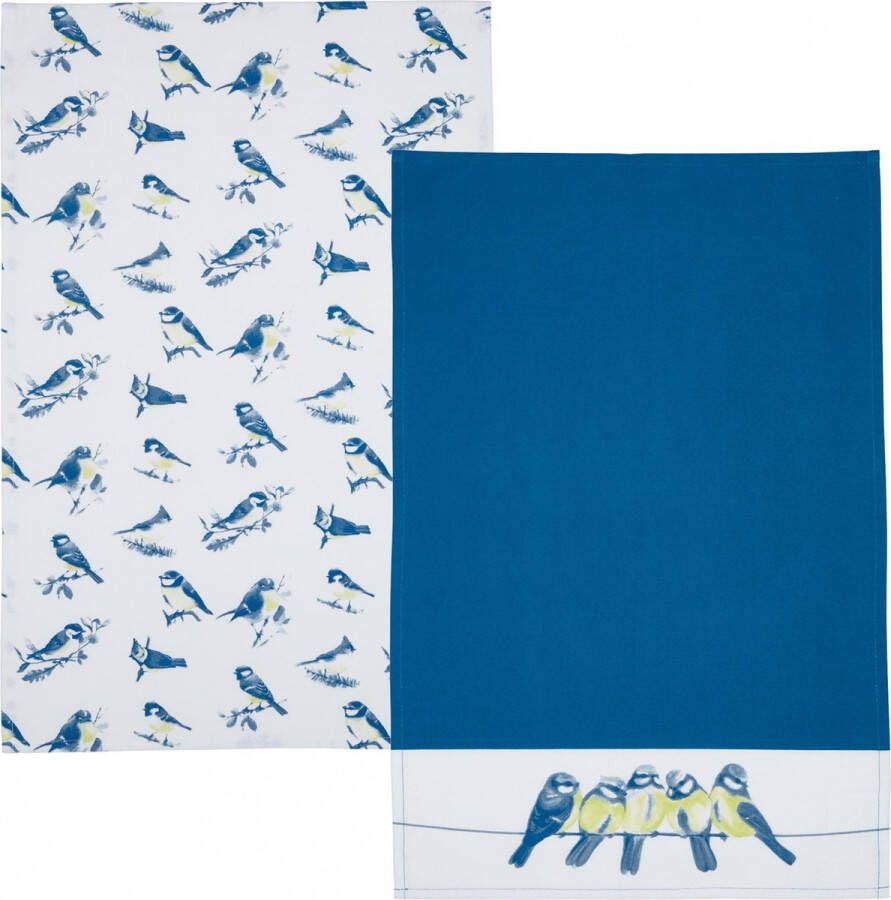 KitchenCraft Theedoek Vogels 70 Cm Katoen Blauw wit 2 Stuks