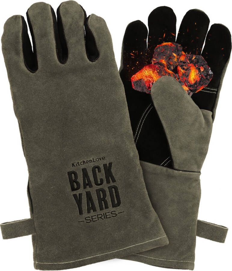 KitchenLove Backyard Series BBQ Handschoenen Hittebestendig tot 250 ºC BBQ Accessoires Vuurvast Leer met Kevlar Grijs