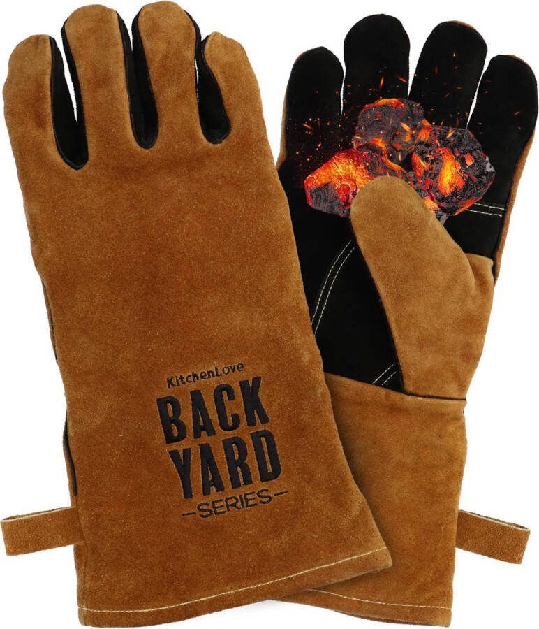 KitchenLove Backyard Series BBQ Handschoenen Hittebestendig tot 250ºC BBQ Accessoires Vuurvast Leer met Kevlar Bruin