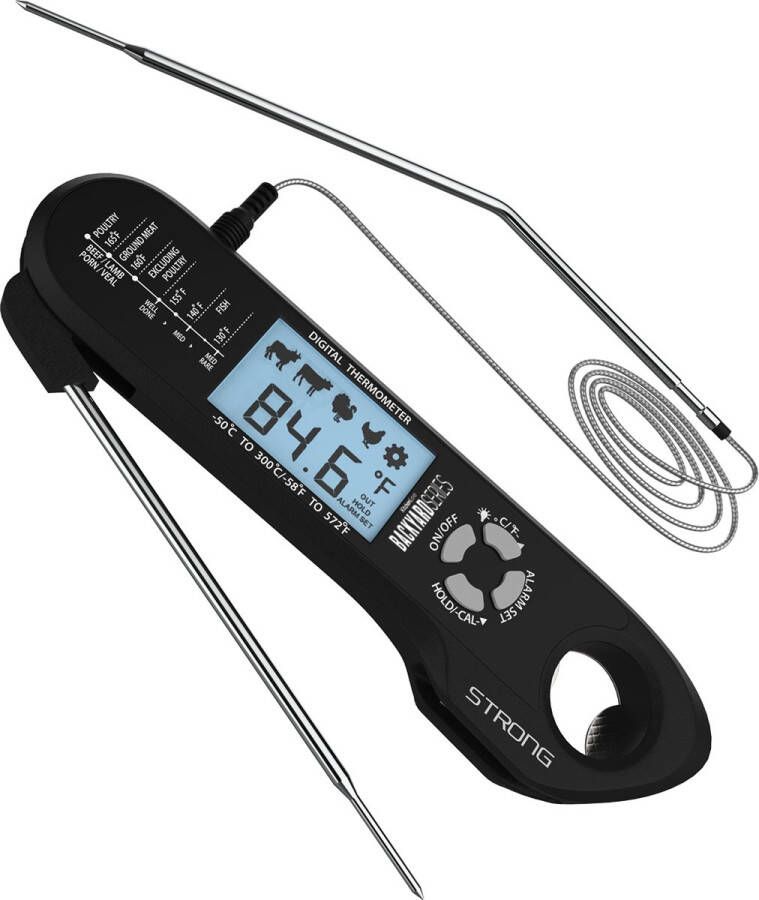 KitchenLove Backyard Series Vleesthermometer BBQ Thermometer Digitaal Voedselthermometer Kernthermometer 2 Sondes Waterdicht Met Alarm Op Batterij Zwart