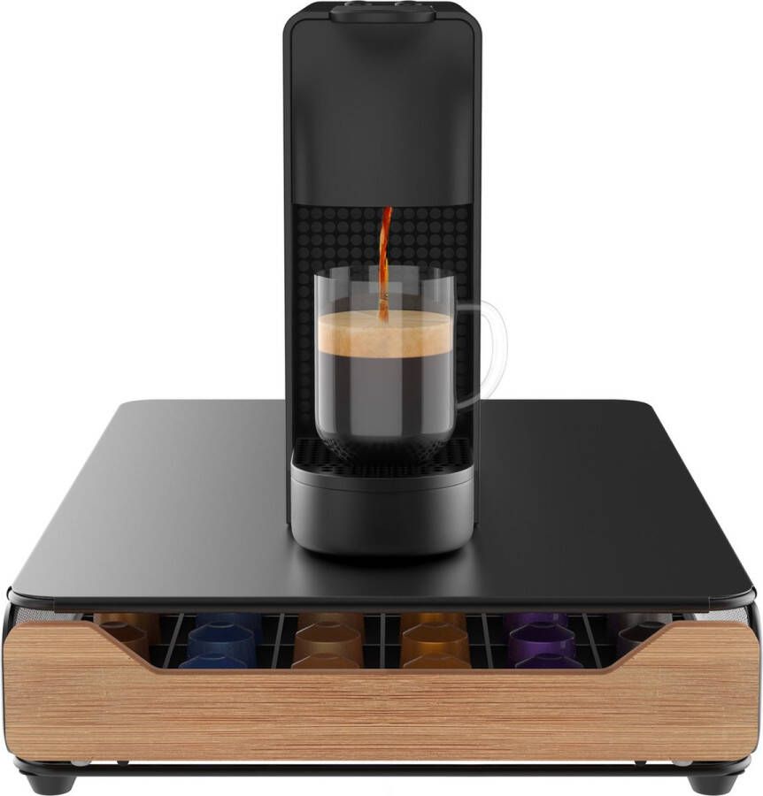 KitchenLove Capsulehouder Nespresso Cuphouder Met Lade Voor Koffiecups 60 Cups Zwart Met Bamboe Hout
