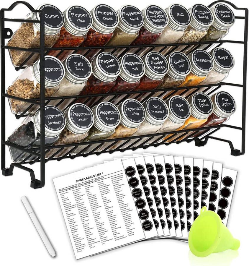 KitchenMasters Kruidenrek met 24 Kruidenpotjes Vierkant Strooideksel & Labels Ophangbaar of Staand Industrieel Zwart