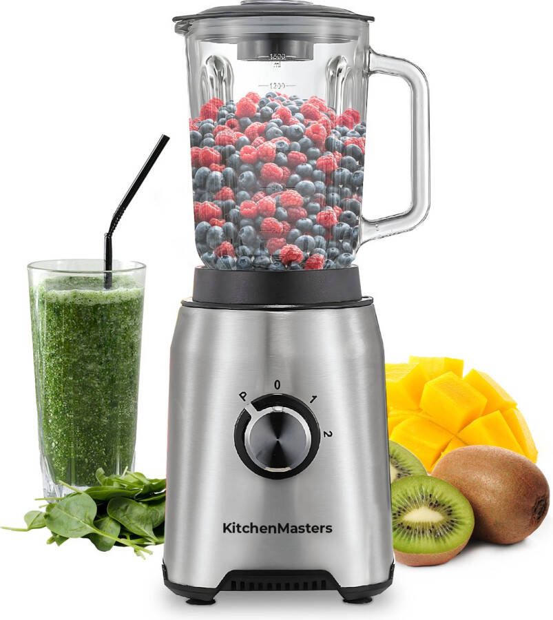 KitchenMasters Smoothie Blender met Glazen Kan 1 5 Liter 1200 Watt Smoothie Maker