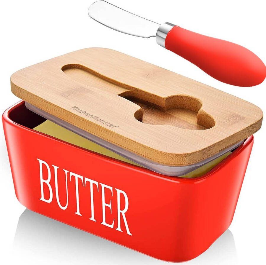 KitchenMonster Botervloot met Botermes 600 ml Botervlootje Vershouddoos van Keramiek en Bamboe Botervloot met Deksel Rood