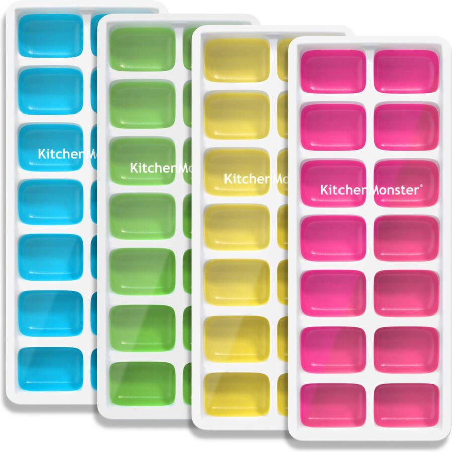 KitchenMonster IJsblokjesvorm voor IJsblokjes Set van 4 IJsvormpjes IJsblokjesvorm met deksel IJsblokjesvorm silicone Blauw Groen Geel Roze