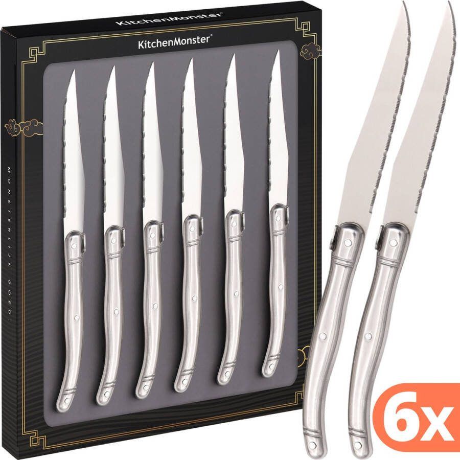 KitchenMonster Steakmessen Laguiole Deluxe Messenset 6 Stuks RVS Steakmessen vaatwasserbestendig