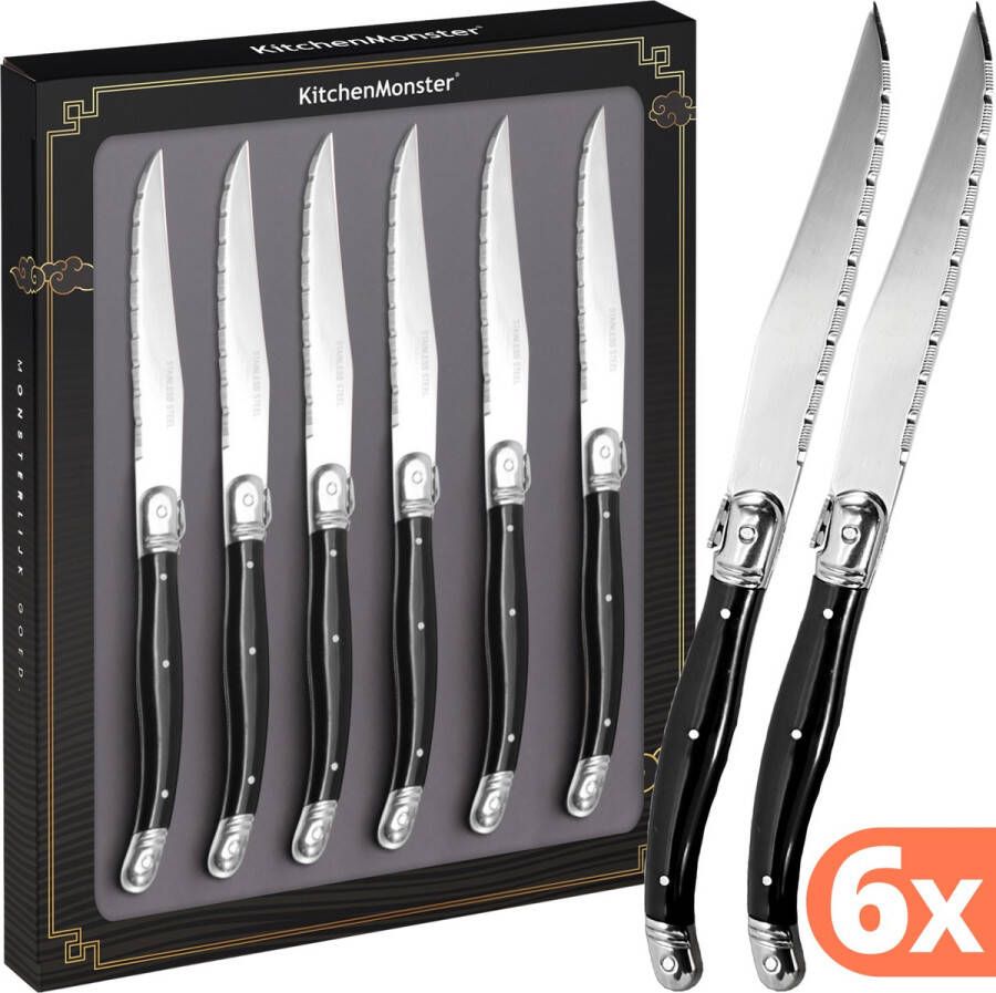KitchenMonster Steakmessen Laguiole Deluxe Messenset 6 Stuks RVS Steakmessen vaatwasserbestendig zwart