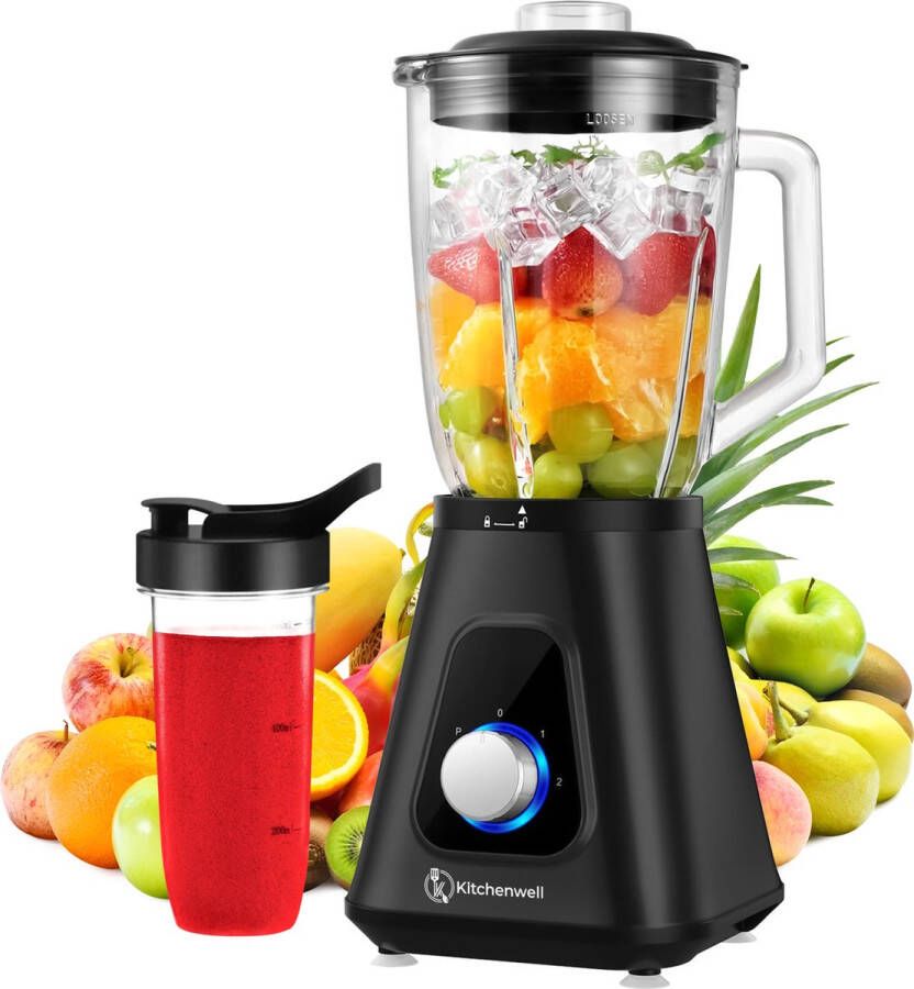 Kitchenwell Blender Krachtige 1300 Watt Smoothieblender 1.5 Liter Glazen Kan 3 Standen Inclusief Sportbeker RVS Zwart