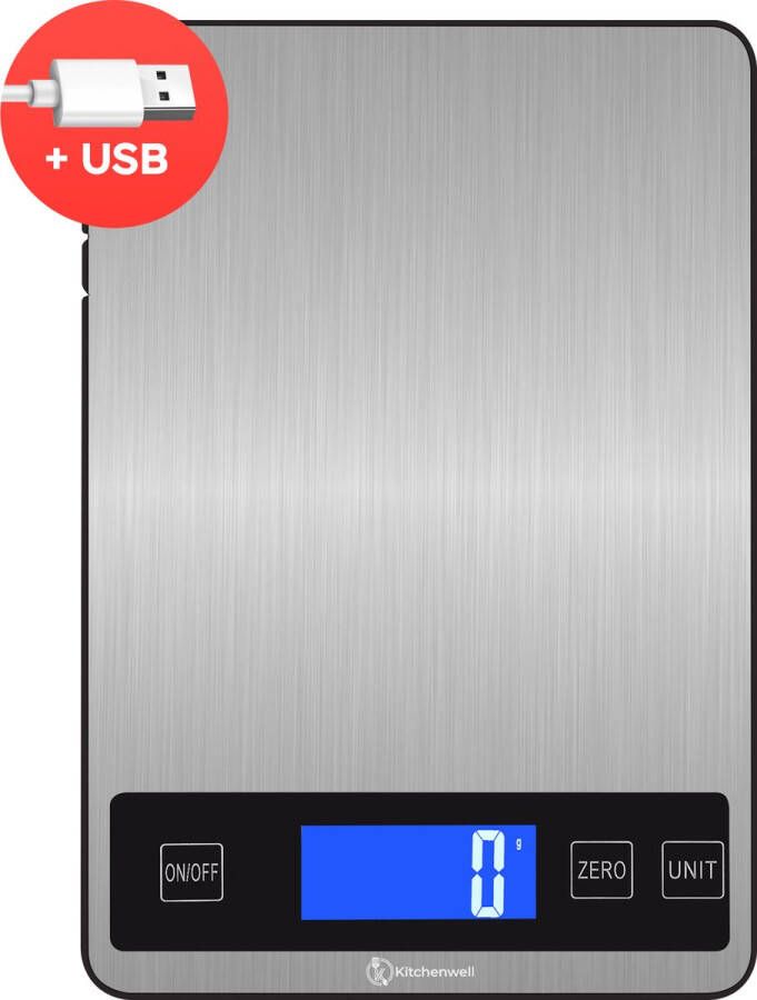 Kitchenwell Digitale Precisie Keukenweegschaal – Weegschaal Keuken 1gr 10kg – Tarra Functie USB Oplaadbaar Grijs