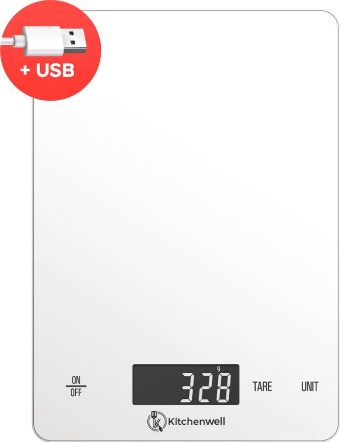 Kitchenwell Digitale Precisie Keukenweegschaal – Weegschaal Keuken 1gr 15kg – Tarra Functie USB Oplaadbaar Wit