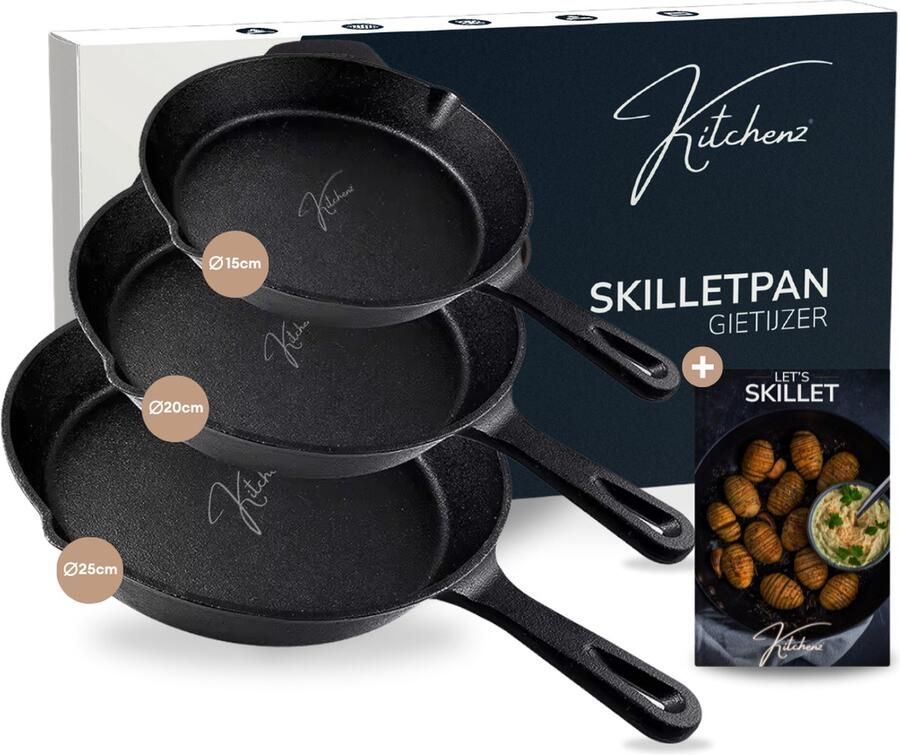 Kitchenz Gietijzeren Pannen 15 CM 20 CM 25 CM Skillet Gietijzer Koekenpan Braadpan Grillpan & Hapjespan Kamado Accesoires Gas & Inductie Incl. Receptenboek