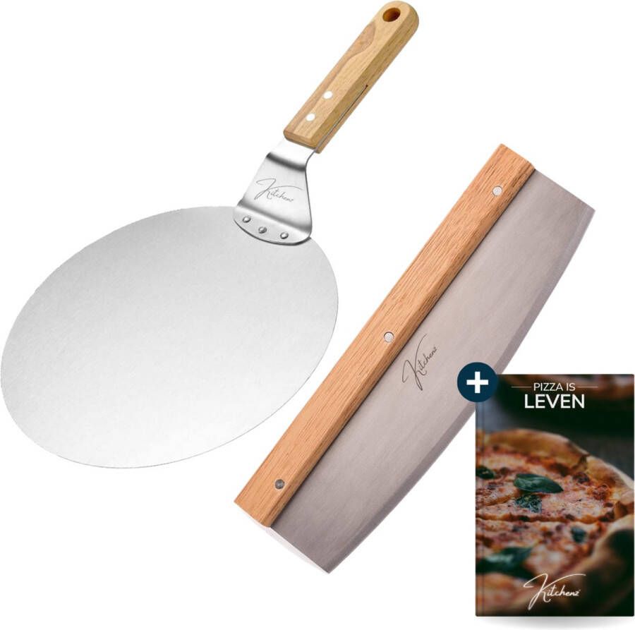 Kitchenz Pizzaschep Pizzasnijder Pizzaschep & Pizzasnijder set Pizzaschep Voor BBQ Inclusief Pizzasnijder Houten Handvat Aluminium Blad Inclusief gratis E-Book