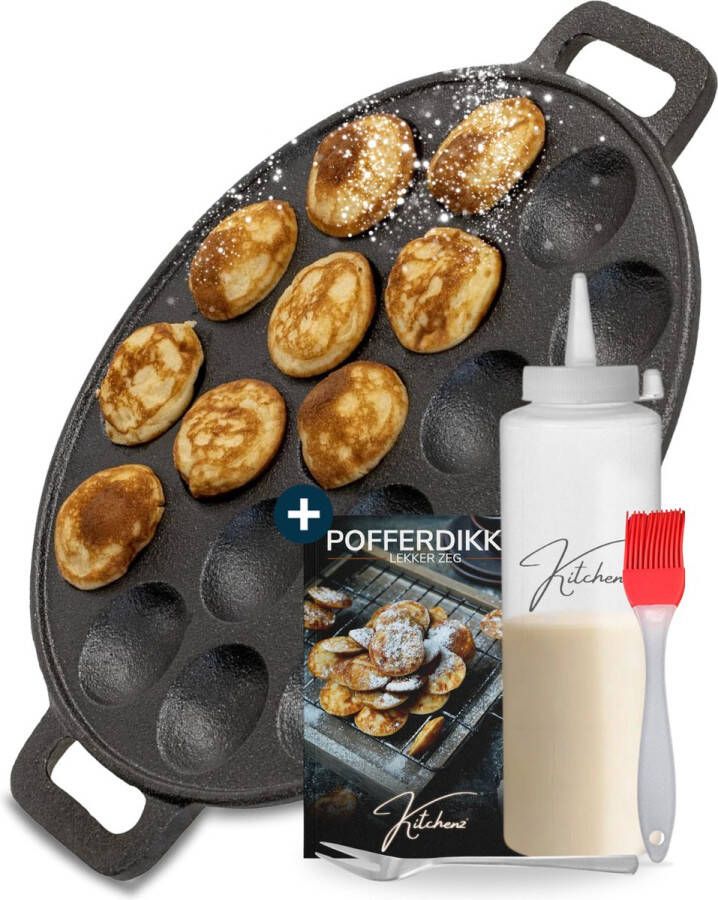 Kitchenz Poffertjespan Poffertjesmaker Dutch Pancake Maker Gietijzeren Pan incl. Poffertjes Spuitfles Poffertjesvork & Kwast Doseerfles 500ml