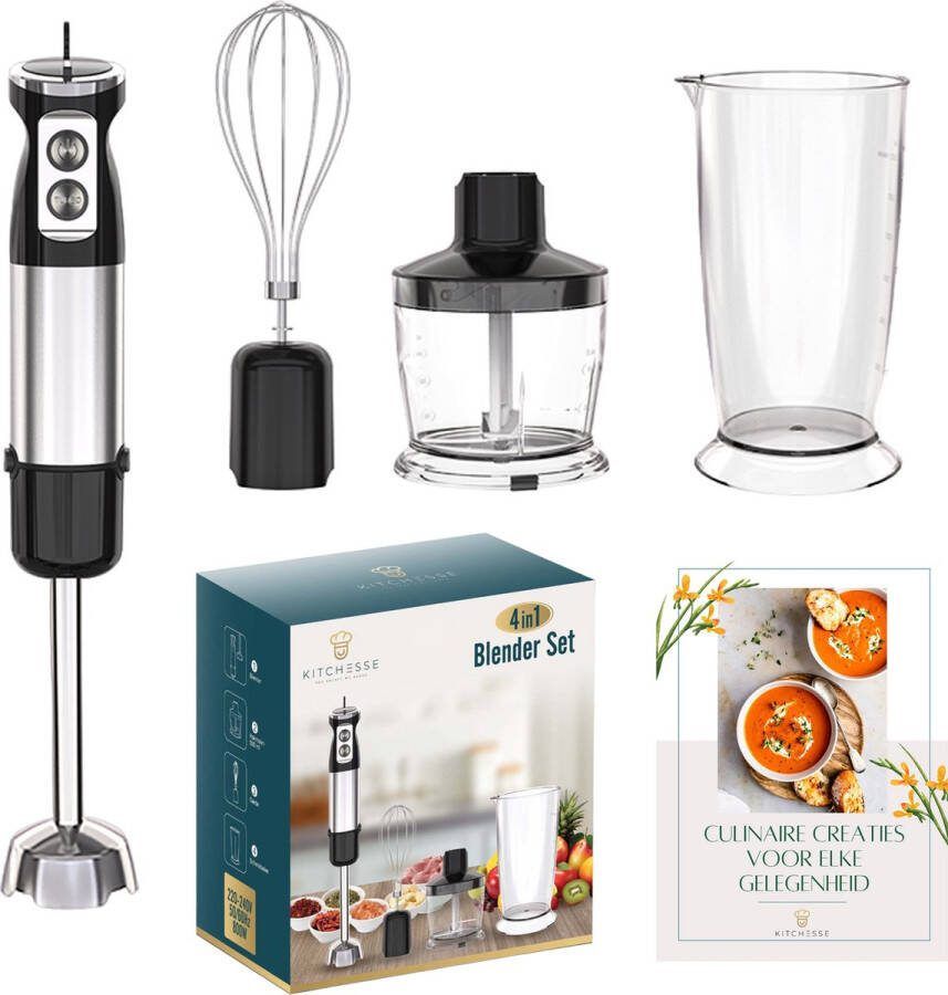 Kitchesse 4 in 1 Staafmixer Set met Hakmolen & Garde Staafmixers Elektrisch 800W Blender Mixer met Mengbeker RVS Handmixer Incl. eBook