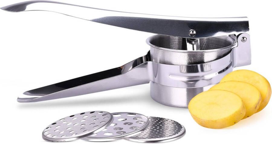 Kitchtic aardappelpers roestvrij staal multifunctionele aardappelpers met 3 verwisselbare fijnheidsschijven antislip keukengereedschap van zilverstaal voor aardappelpuree en meer