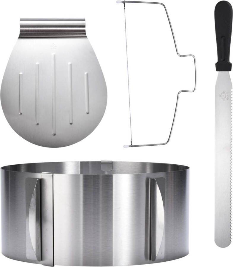 Kitchtic Verstelbare taartring taartgereedschapset met taartring taartvormer taartmes en taartschep roestvrijstalen bakaccessoires voor beginners en hobbybakkers set van 4