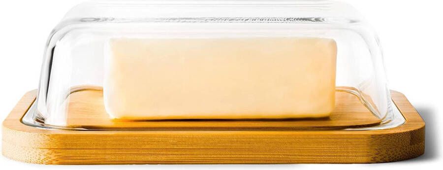 KIVY Botervloot hoogwaardige botervloot van glas met elegant en duurzaam bamboedeksel botervloot voor 250 g boter botervloot glas met bamboe deksel boterschaal hout botervloot box