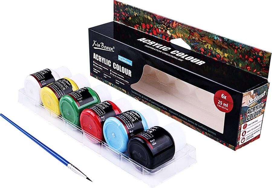 KJG Acrylverf set van 6 verschillende kleuren 25ml per potje Wit Geel Groen Blauw Rood en Zwart