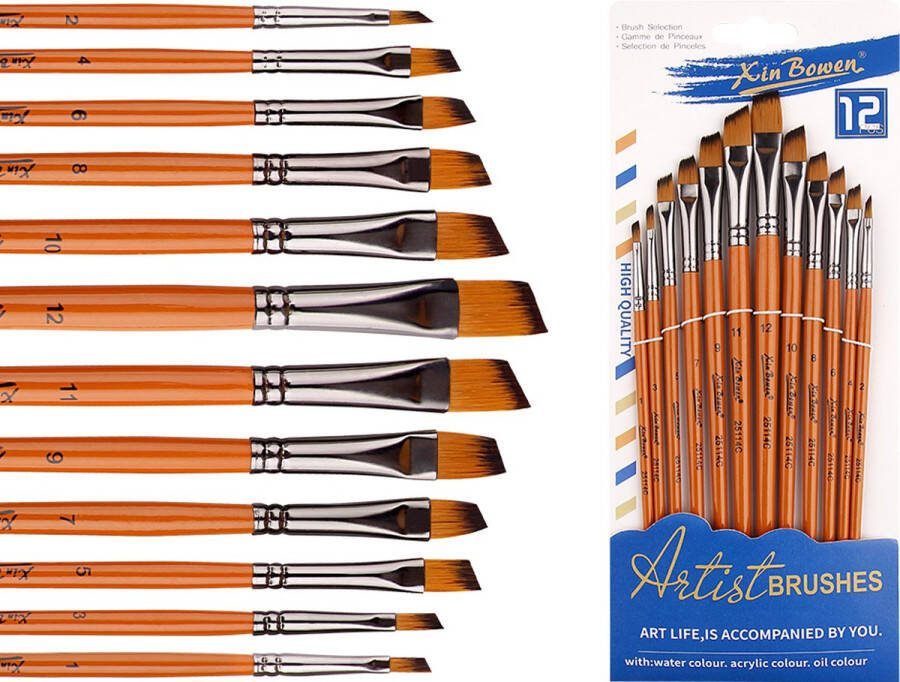 KJG Penselen Set van 12 stuks Afgeschuind Kwasten Verven Schilderen Waterverf Olieverf en Acrylverf