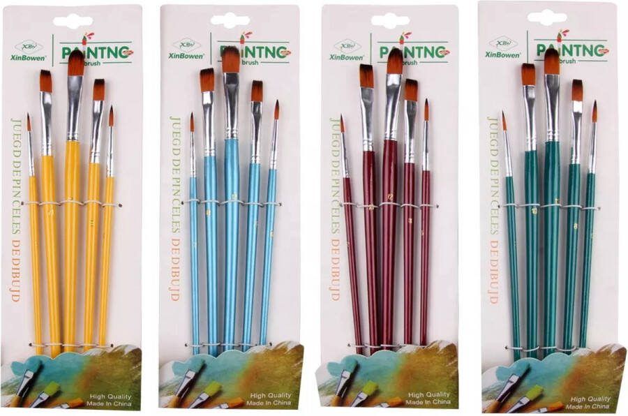 KJG Penselen Set van 20 stuks Geel Blauw Rood Groen Kwasten Verven Schilderen Olieverf en Acrylverf
