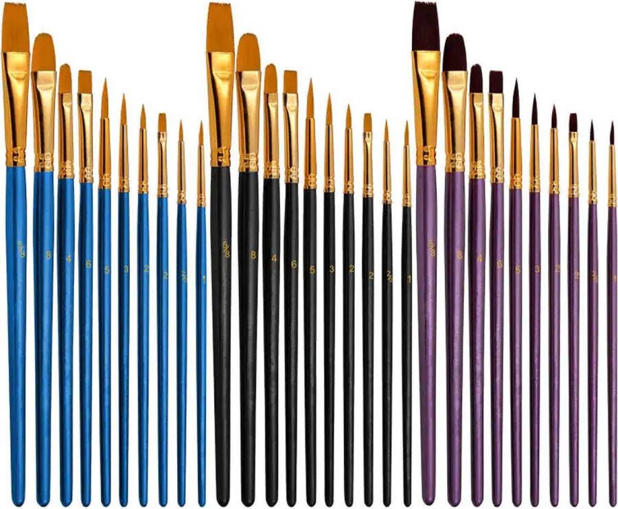 KJG Penselen Set van 30 stuks Zwart Paars Blauw Kwasten Verven Schilderen Olieverf en Acrylverf